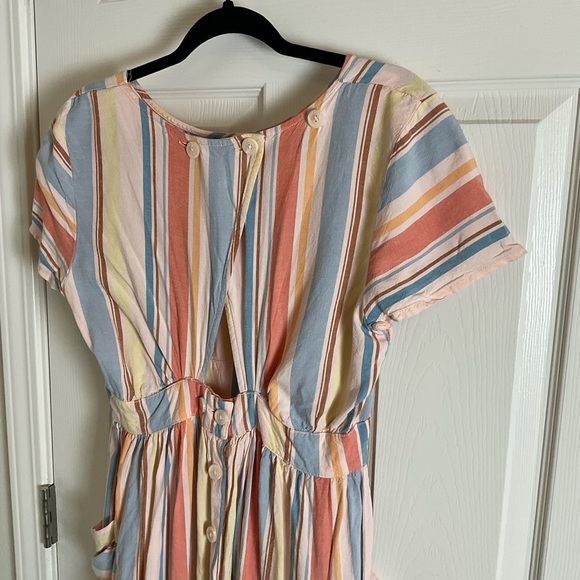 ANA Striped Open Back Dress Women's M Retro Pockets Linen Blend - Picture 7 of 13